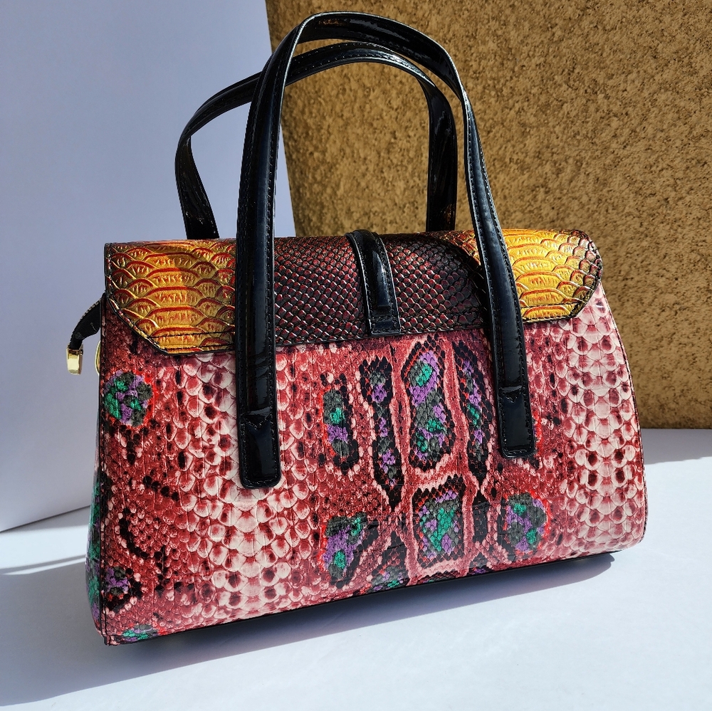 Women Embossed Snakeskin Evening Leather Pink Shoulder Top Handle Handbag - Picture 4 of 9